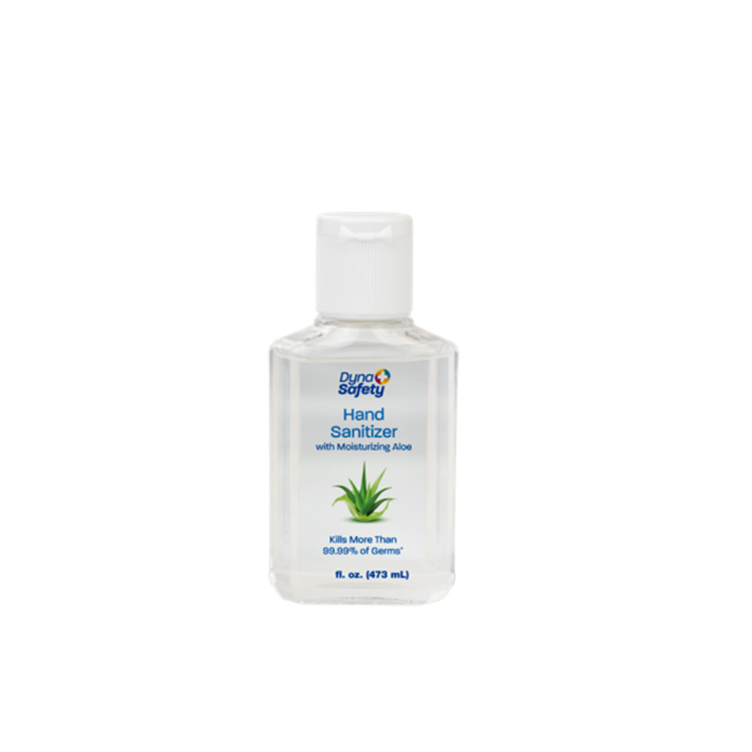 A clear 8 fl. oz. (473 mL) bottle of Dynarex Hand Sanitizer with Moisturizing Aloe has a white flip-top cap and label highlighting aloe; it claims to kill over 99.99% of germs.